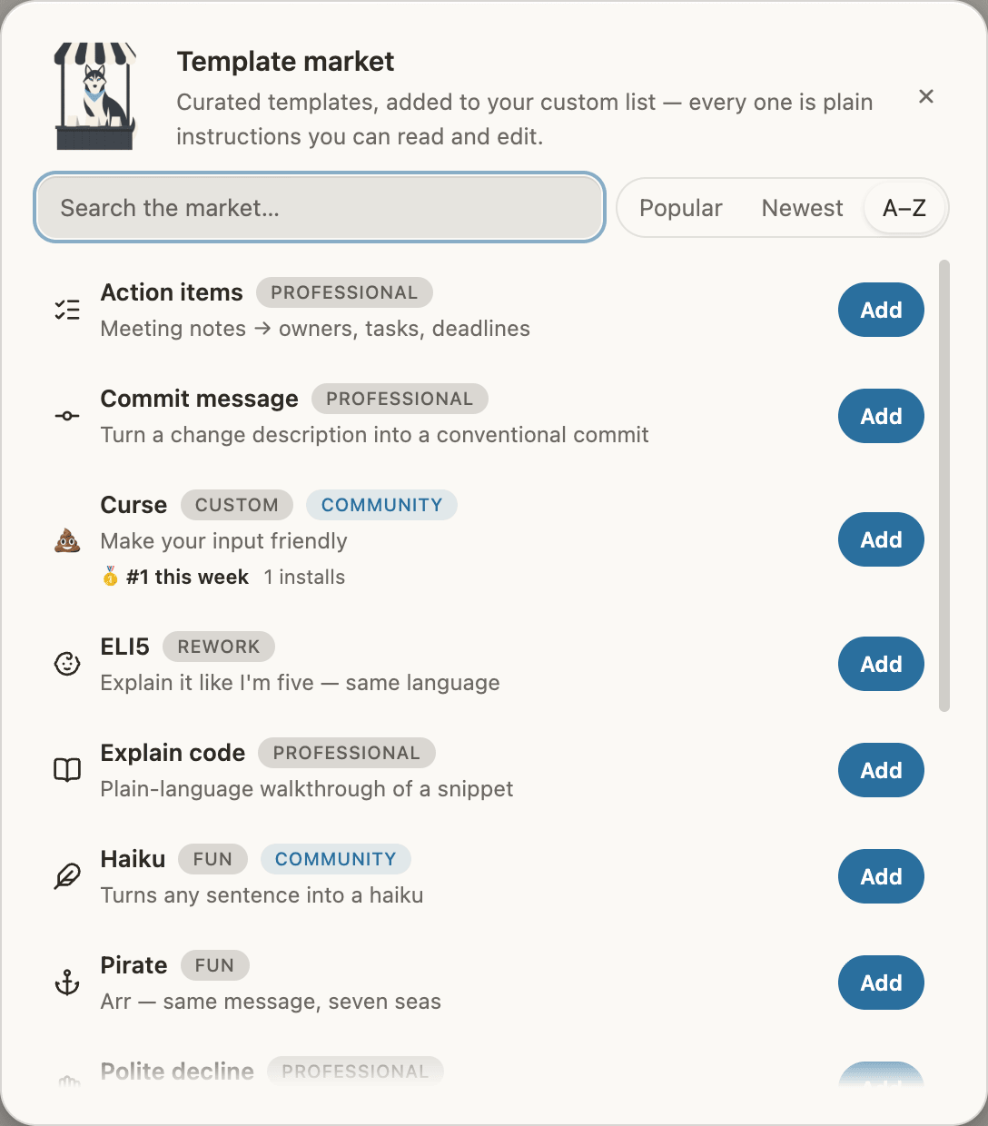 The template market, sorted A to Z, each row with a name, a category and an Add button