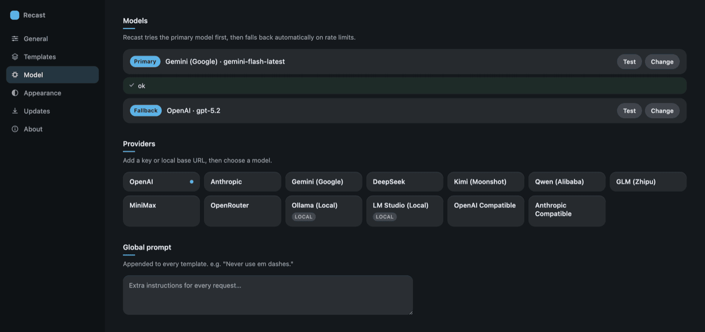 Model settings showing a provider grid with thirteen options and a successful connection test