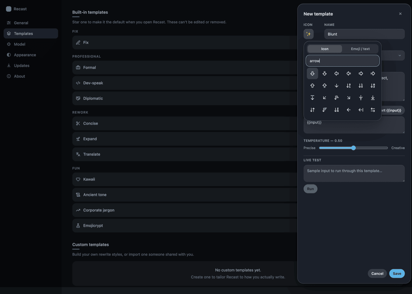 Template editor with the icon picker open, searching Lucide icons